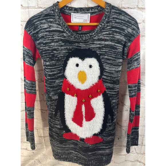 Derek Heart Sweater Sz S Fuzzy Penquin Holiday Jingle Bells Cozycore - Picture 1 of 7